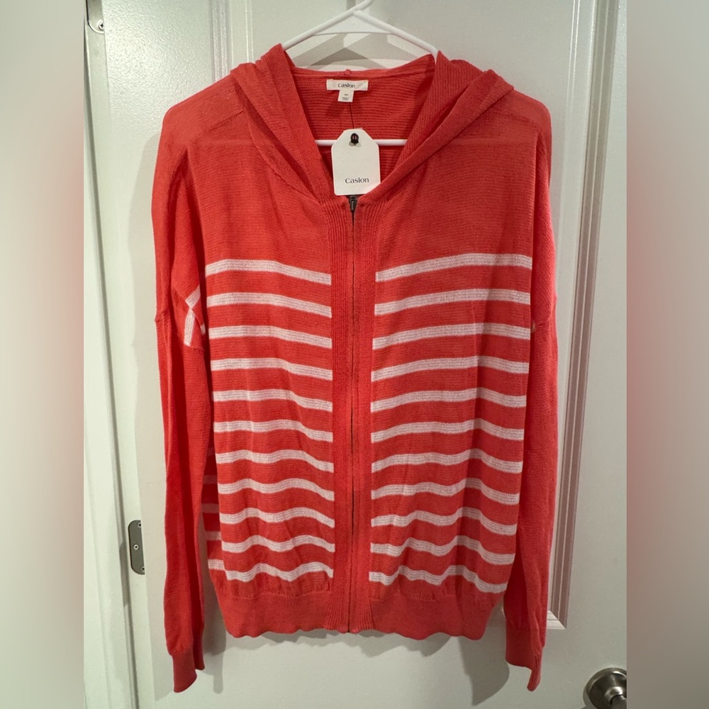 NWT Caslon Coral and White Striped Cardigan